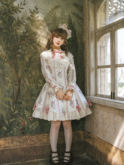 Beige Floral Print Refined Lolita OP Dress with Bow & Lace Accents - Miss Cube Dressworks