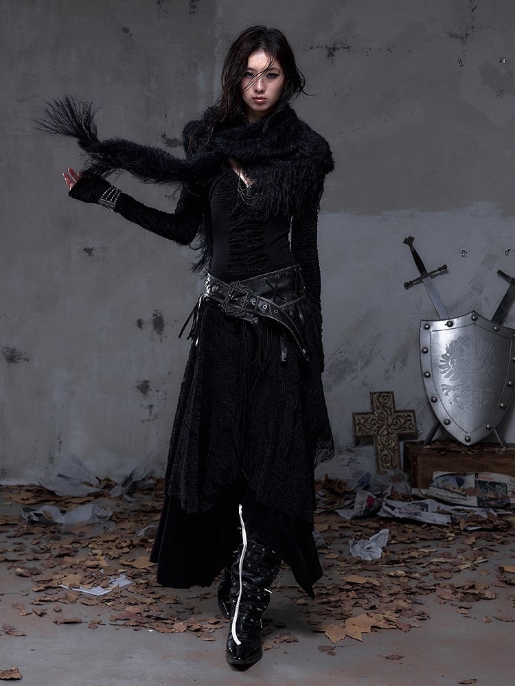 Triangle Scarf Black Vintage Y2K with Mink Faux Punk Long Fringe