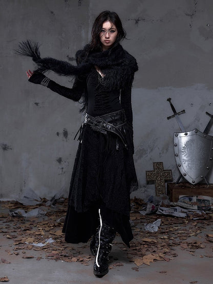 Triangle Scarf Black Vintage Y2K with Mink Faux Punk Long Fringe