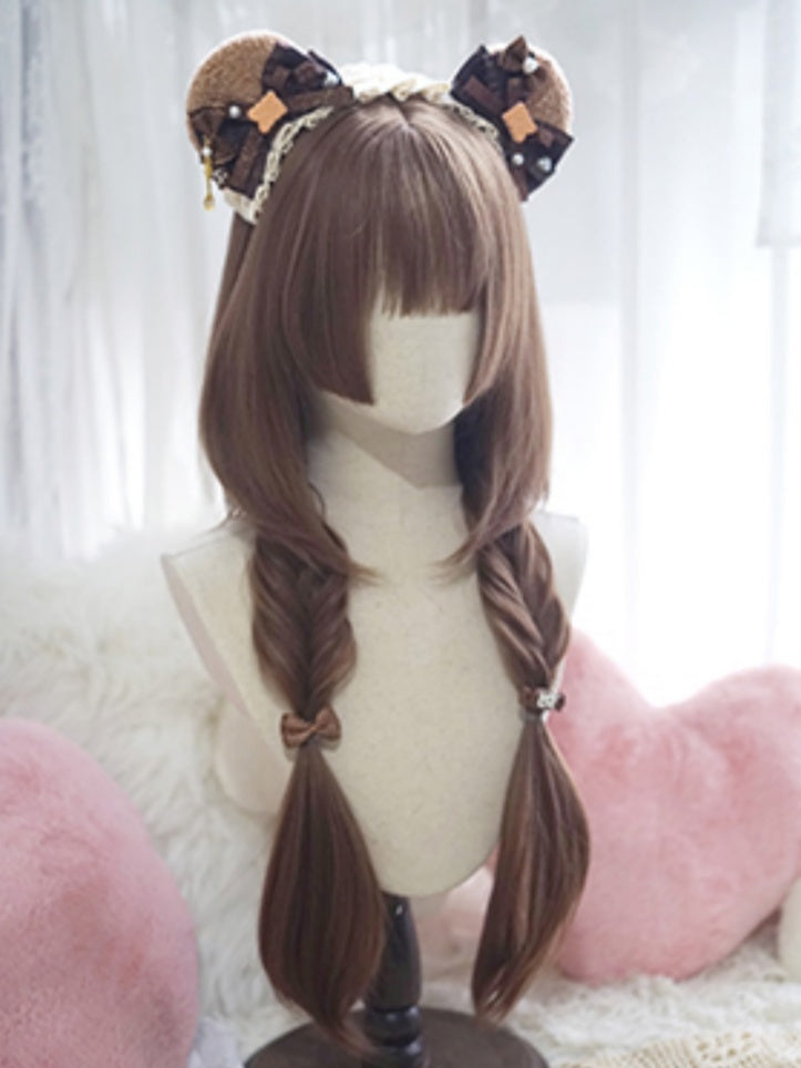 Schwarze/braune/hellblonde/weiß-blaue, hüftlange, glatte Perücke mit vollem Pony