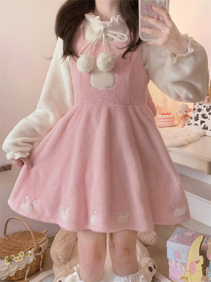 Pink Bunny Ears Hooded Plush Overalls Sweet Lolita Dress