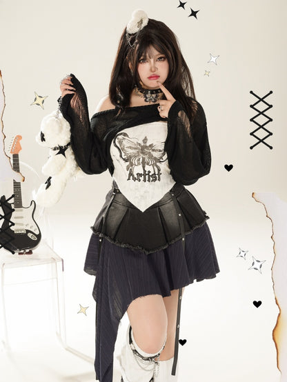 Plus Size Y2K Schmetterling Schwarz-Weiß Cami Top