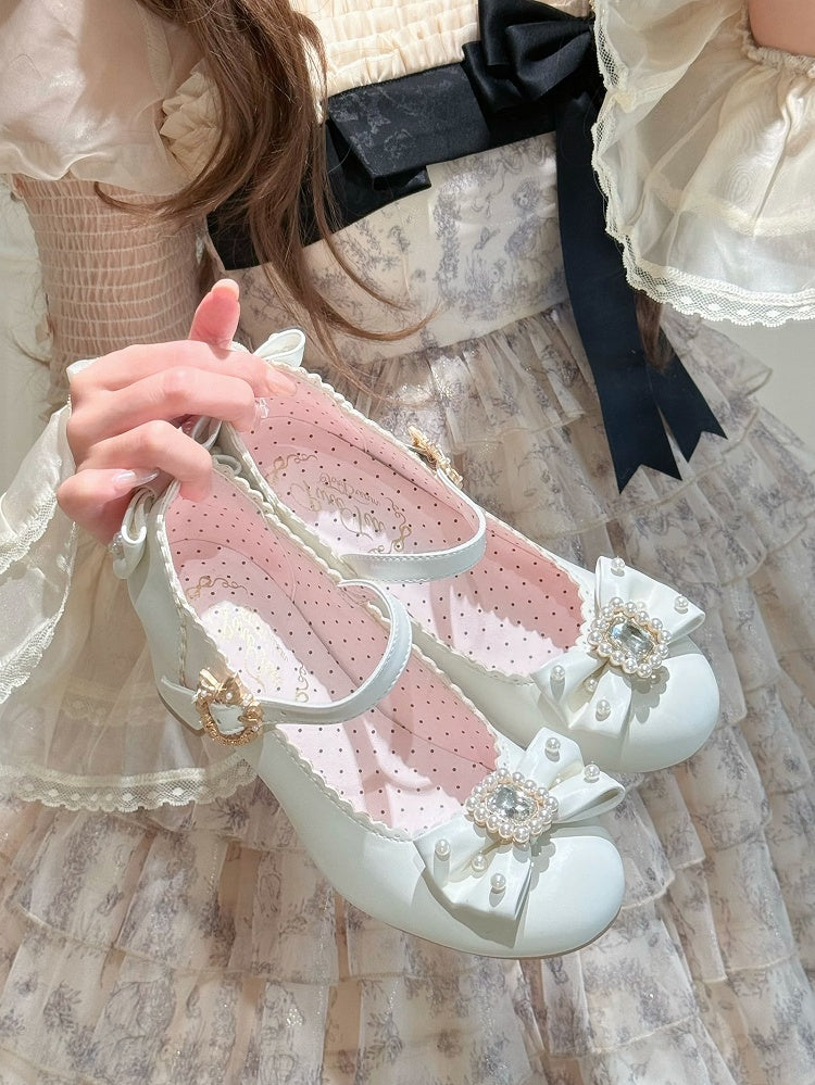 ラウンドロリータラインストーンメリートゥ装飾ディテールホワイト＆ビーズボウノットジェーンズシューズ