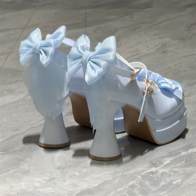 Decorative Platform Sky Bows Sweet Lolita Blue with in Round-Toe Mary Janes High-heel