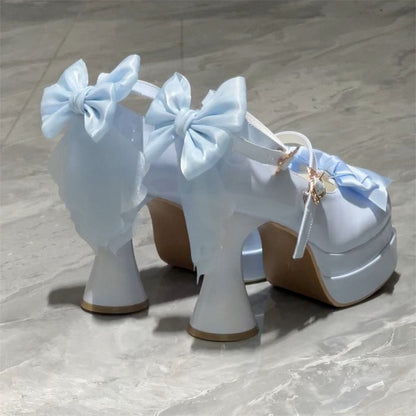 Decorative Platform Sky Bows Sweet Lolita Blue with in Round-Toe Mary Janes High-heel
