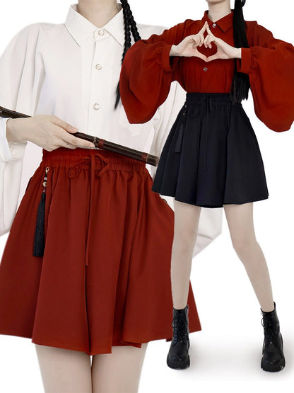 Black Drawstring Elastic Waist Skort Tassel Decoration - Feng Hua Gui Guo Ling