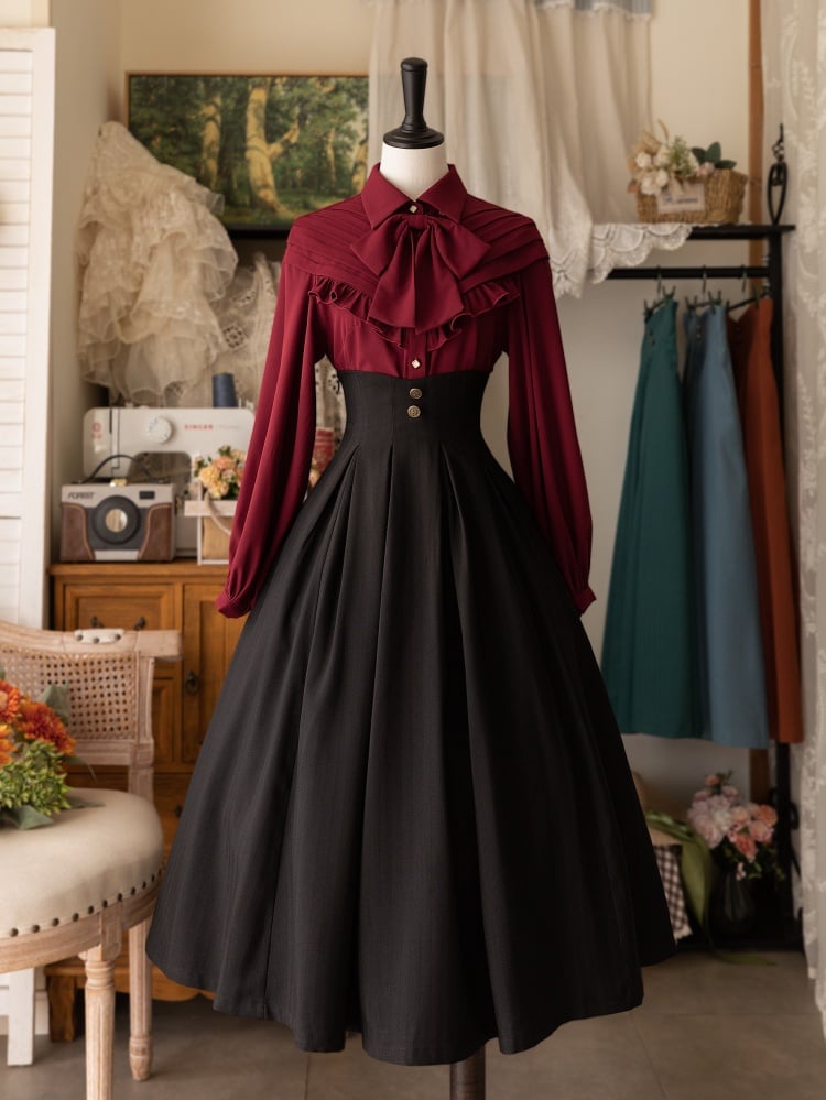 Elegant Lolita Corset-Waist Skirt with Lace-Up Back in Black
