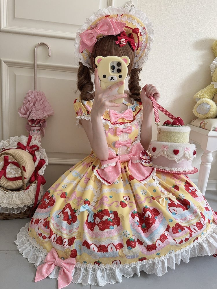 Kuchen süße süße Erdbeere ein Ärmel gelbes Kleid Lolita Stück Kurzdruck