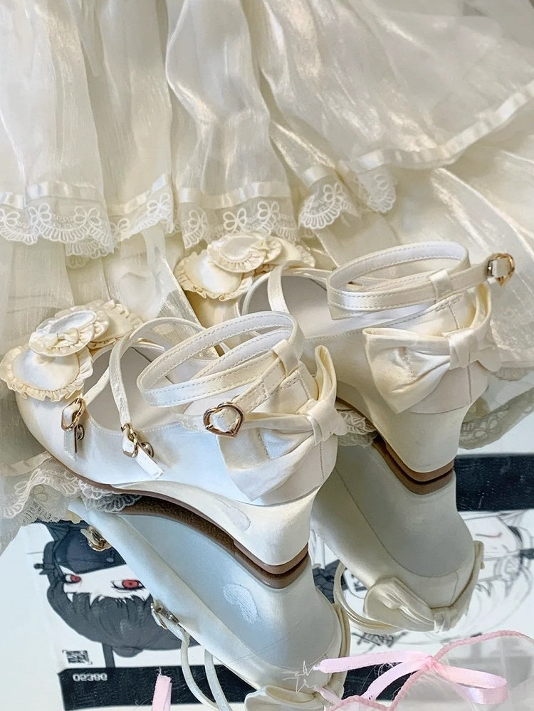 Wedge Toe Trim Sweet Heart Top Shoes Lolita Ruffle Beige - Round Sole Bow with