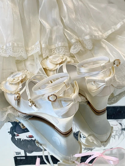 Wedge Toe Trim Sweet Heart Top Shoes Lolita Ruffle Beige - Round Sole Bow with
