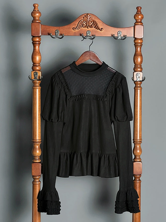 Long Juliette Sleeves Flounce Hemline Top Black