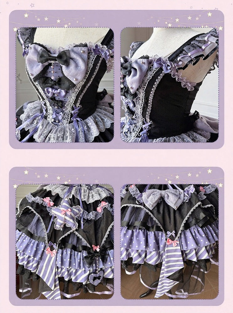 Layered Heart Ribbon Bow Accent Magic Witch Jumper Skirt Dress in Black & Purple - SheepBallad