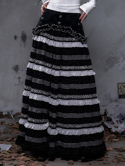 Polka Tulle Gothic Waistband with Hem Striped Studded A-Line + Length Skirt Dots Floor Black