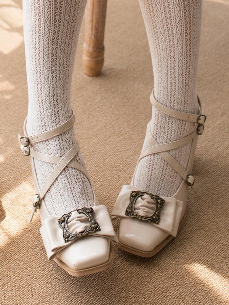 Frame Mid-heel Bow Picture Beige Design Classic Square Lolita at - Top Shoes Toe Vintage