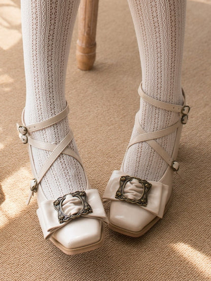 Frame Mid-heel Bow Picture Beige Design Classic Square Lolita at - Top Shoes Toe Vintage