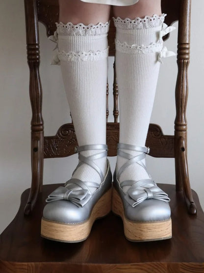 Shoes Platform Round Toe at Sweet Silver Bow Lolita PU - Top Crisscross Design