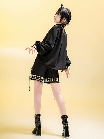 ロング刺繍シャツスタイルブラックカフスゴールドロリータ王子スリーブエジプト