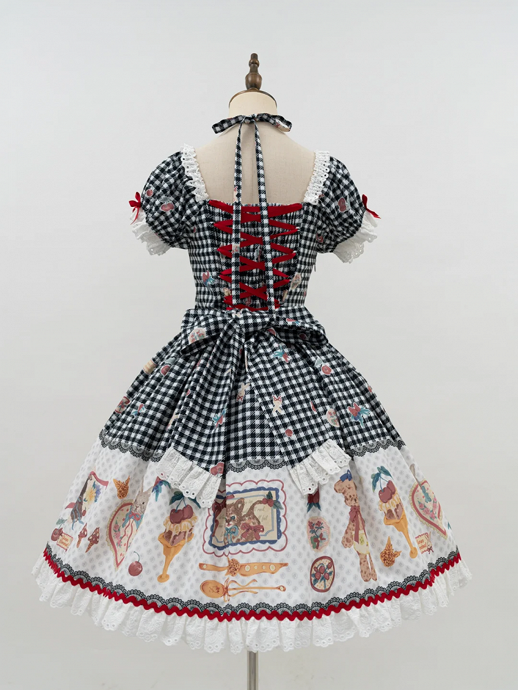 Black Print Kitty Teddy Gingham Sweet Lolita Dress and Short Sleeves