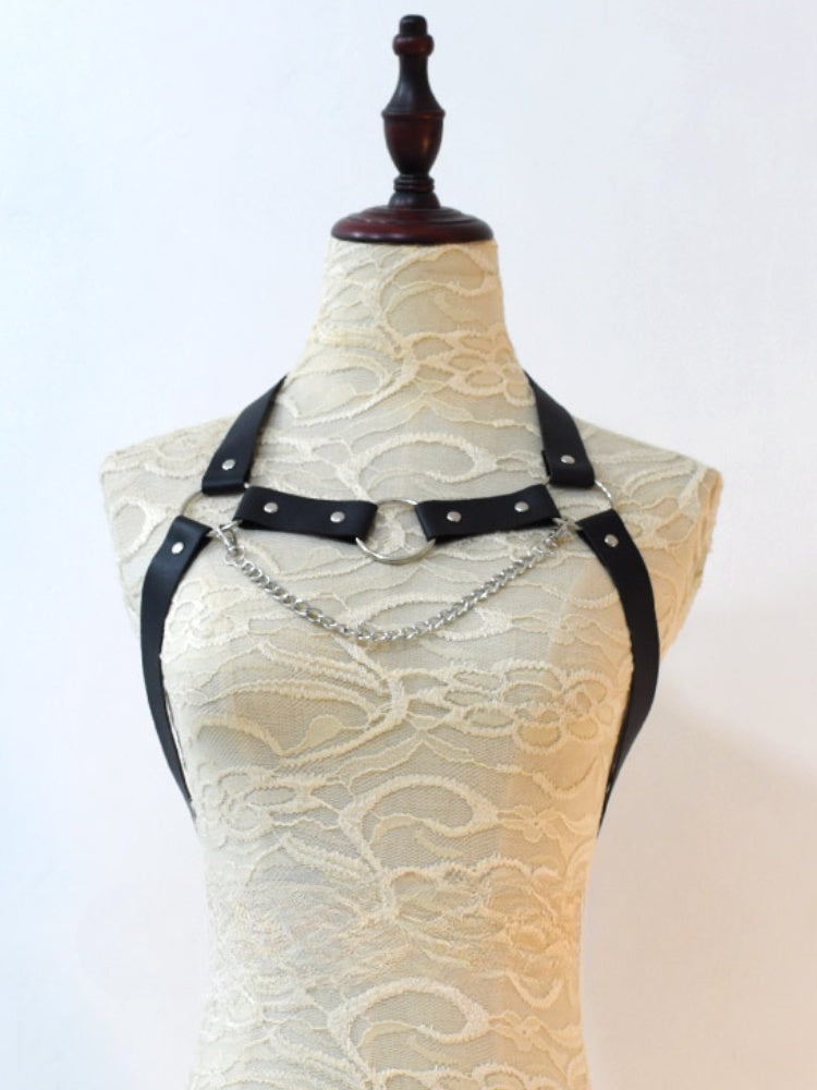 ブラックサイバーパンクPUストラップチェーンハーネス