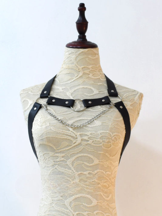 ブラックサイバーパンクPUストラップチェーンハーネス