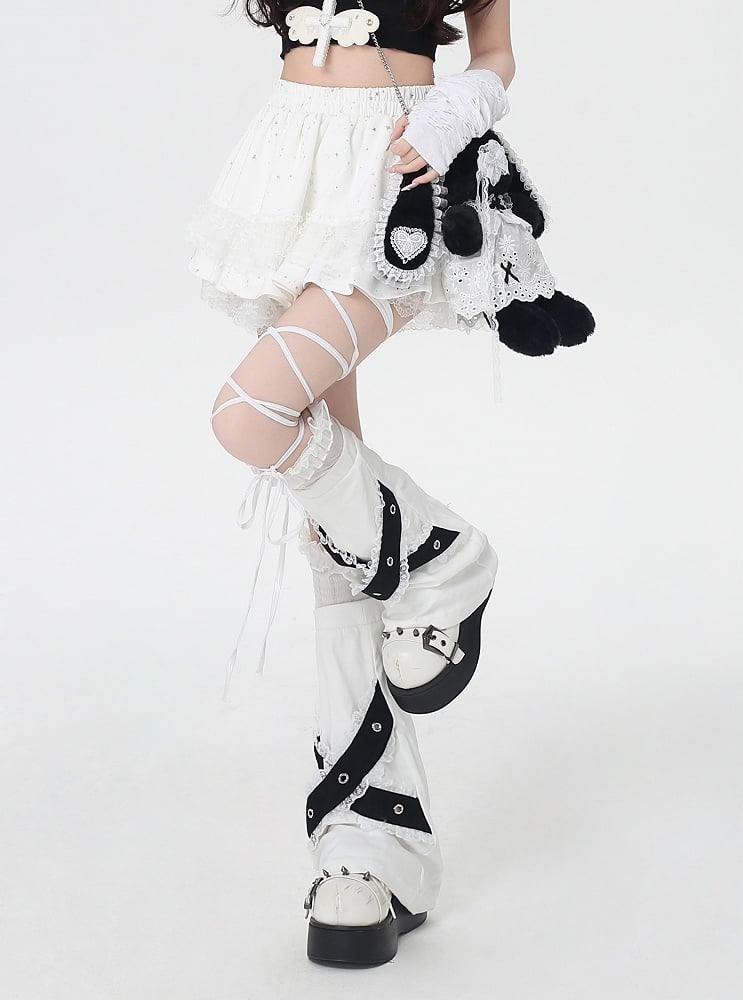 ホワイトの伸縮性ウエストティアードスカートトリムバレエコアレース