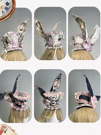 Beige/Navy Lolita Mini Hat with Bunny Ears & Lace - Rosede Cheese