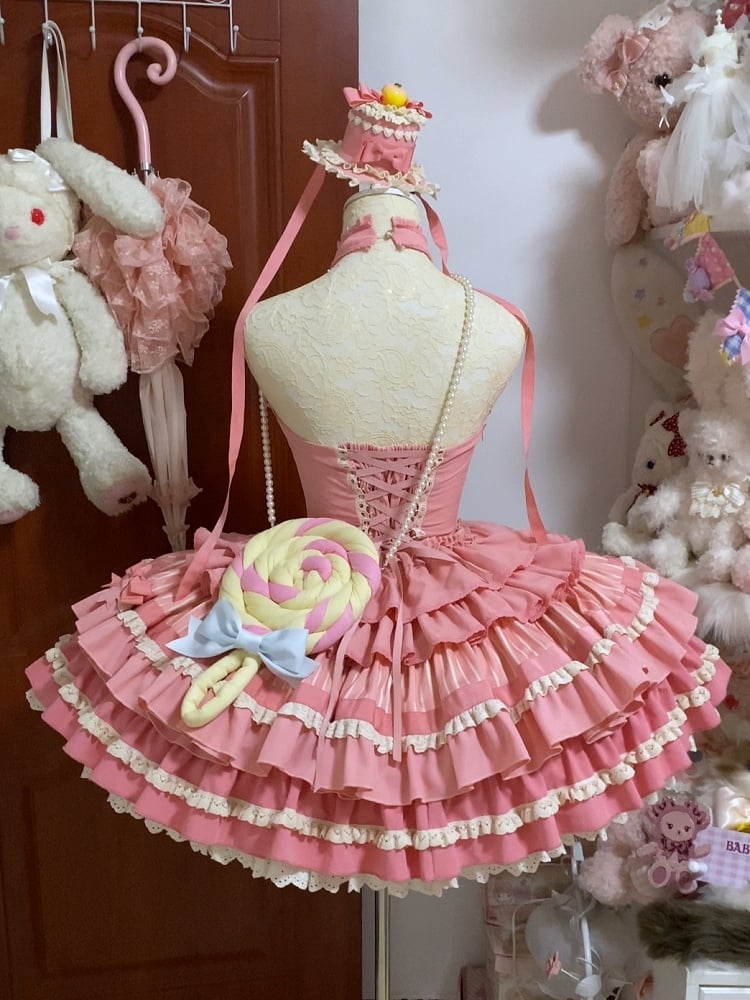 Süßes Schleifenkleid mit Rüschenakzenten, Lolita, rosa, gestufter Neckholder, Rosenhalsrock, Idol