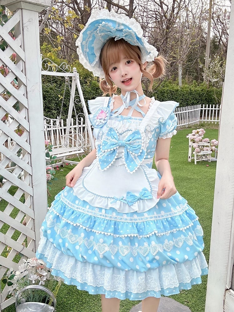 mit Ärmeln Schürze Quadrat Blau Polka Kurzes Kleid Lolita Weiß Ausschnitt Punkte