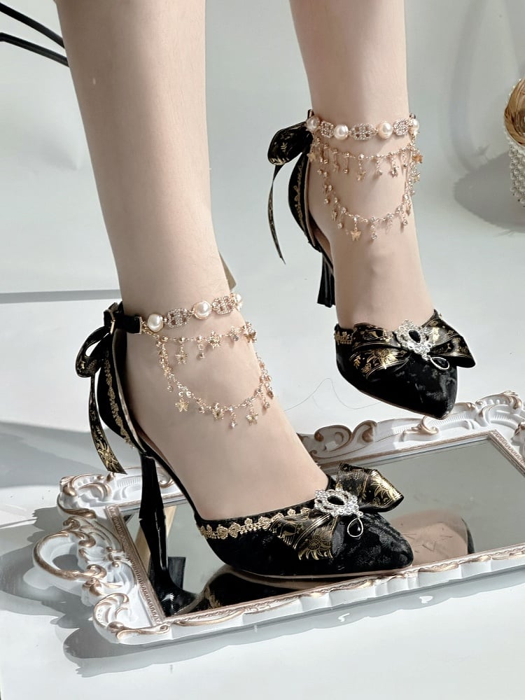 Black Lolita High Heels with Crystal Chain Decor - Miaomiao Just for You