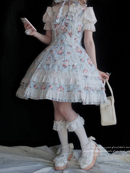 Blue Cotton JSK Dress with Floral Print and Snowfall Motif