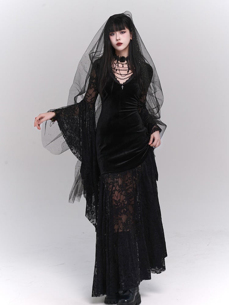 Gothic Black Velvet Bell Sleeves V-Neck Lace Dress