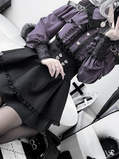 Purple Shoulder with Blouse: Dark Buckle Long Button Kei Heart Sleeve Jirai Front Cutout