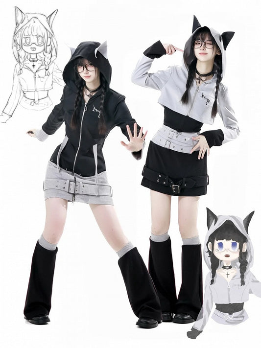 ウルフイヤーズ グレー ジップ フードクロージャーデザイン クロップドジャケット