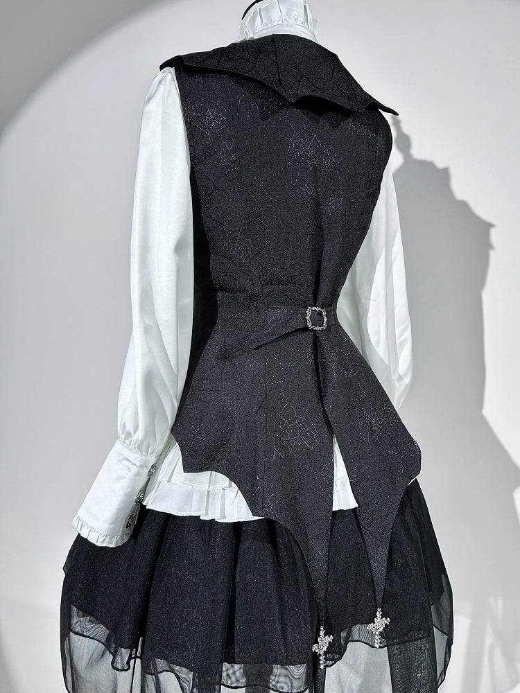 白と黒のゴシックロリータ衣装シャツ + クロスチャーム付きカーブヘムベスト + スパイダーウェブ生地スカートフルセット