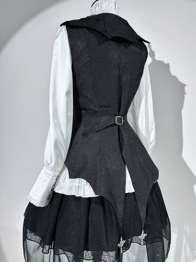 Gothic Ensemble: White & Black Lolita Shirt, Cross Charm Waistcoat, Spider Web Skirt - Unknown Star