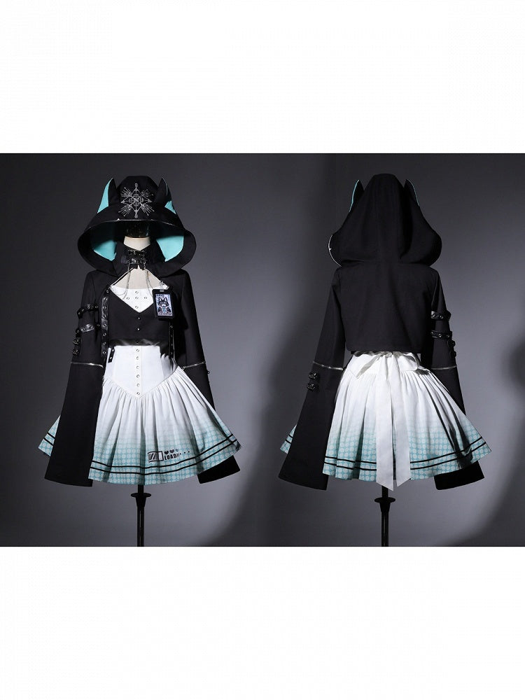 Electronic Cat Cutout Hooded Crop Top & Self-Tie Gown in Black Blue - Xiong Dou Jiang