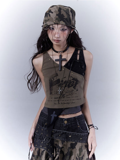 パンク風ダメージスタッズ三角迷彩柄ウェイストランドスカーフ