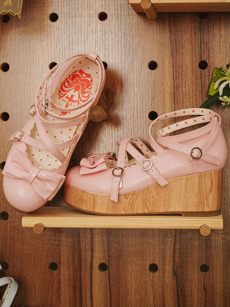 Bow Wedge Lolita Top Pink Design - at Crisscross Sweet PU Platforms