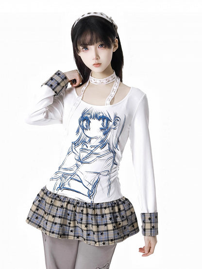 Design Top Round Neck Anime Girl Print Star White/Red Plaid Patchwork Pattern
