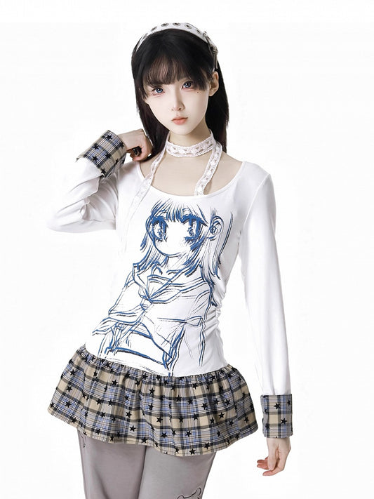 Design Top Round Neck Anime Girl Print Star White/Red Plaid Patchwork Pattern