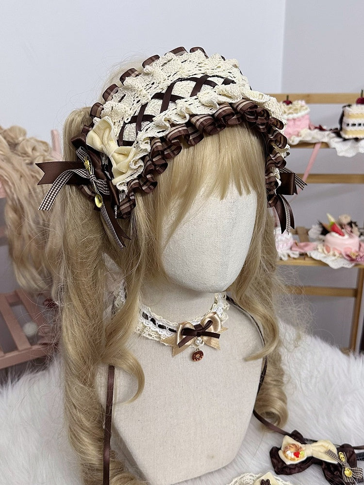 Lolita Hairband Lace Bows Ruffles with Plaid Brown Sweet and
