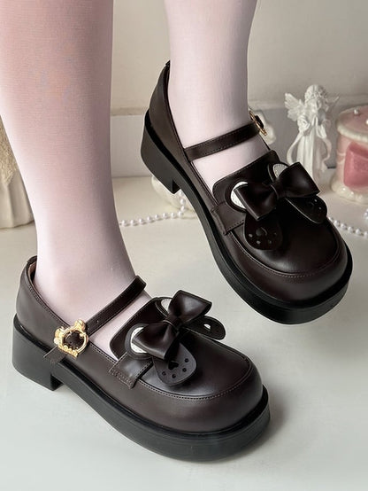 in Style Bear-shaped PU Preppy Bear and Ear Fastener Matte Shoes Removable Bow Brown Mid-heel Leather