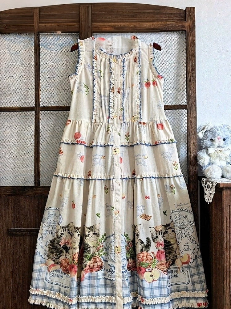Kawaii Cat and Apple Design Cotton Sleeveless Dress in Short or Long Length