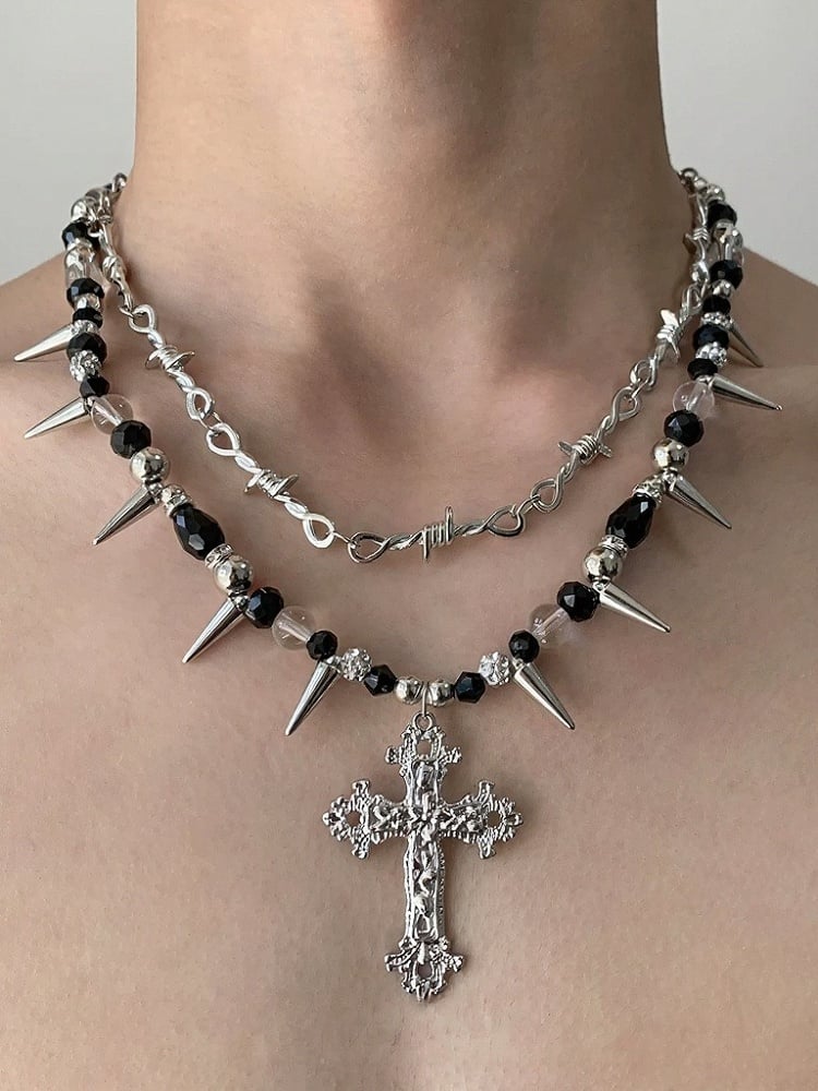 Punk Black & White Beaded Layered Necklace with Spikes and Cross - YSHXS