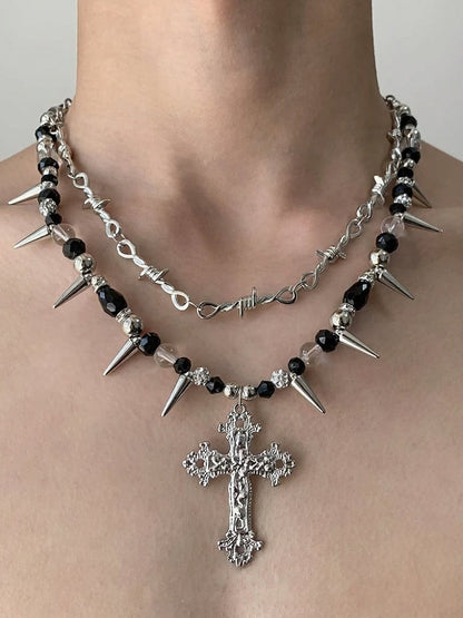 Punk Black & White Beaded Layered Necklace with Spikes and Cross - YSHXS