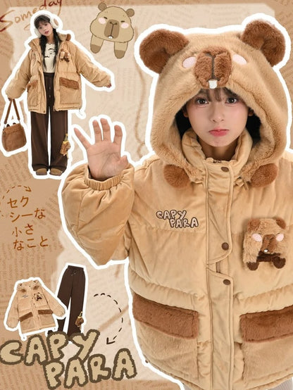 Khaki Cute Capybara Adorned Hooded Down Jacket Detachable Hood
