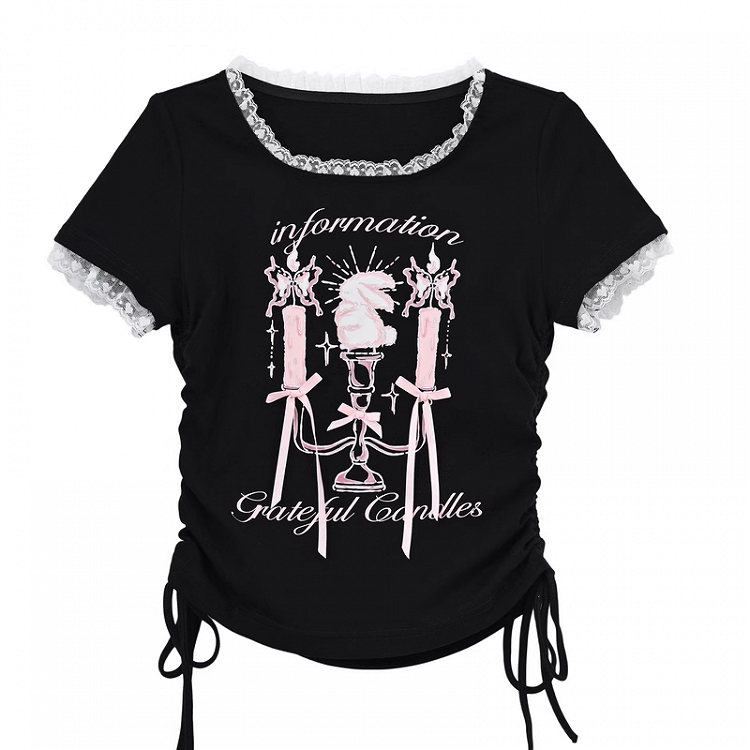 ブラック スクエアネック キャンドルスティックプリント ドローストリングヘム レーストリム Tシャツ