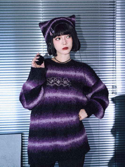 Cheongsam Sweater Gradient Mink Embroidery Faux Purple Animal with Stripes Gothic