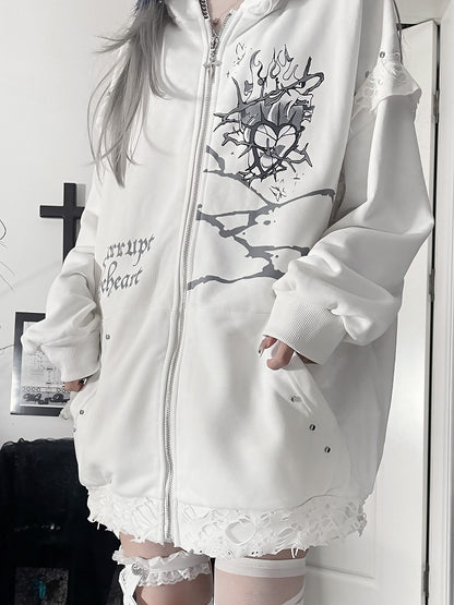 Jacketwith Ear Studded Cat White Zip-up Gray Hoodie HeartLetter Print