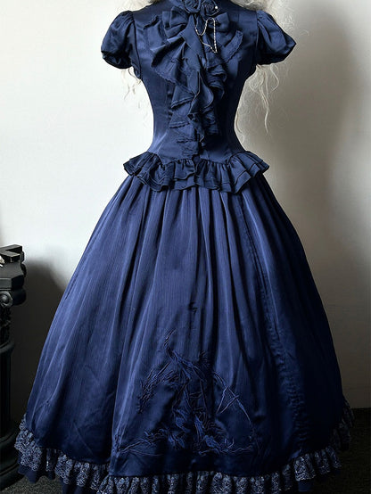 Dunkelblauer Gothic-Lolita-Rock mit Drachenknochen-Stickerei und Kordelzug